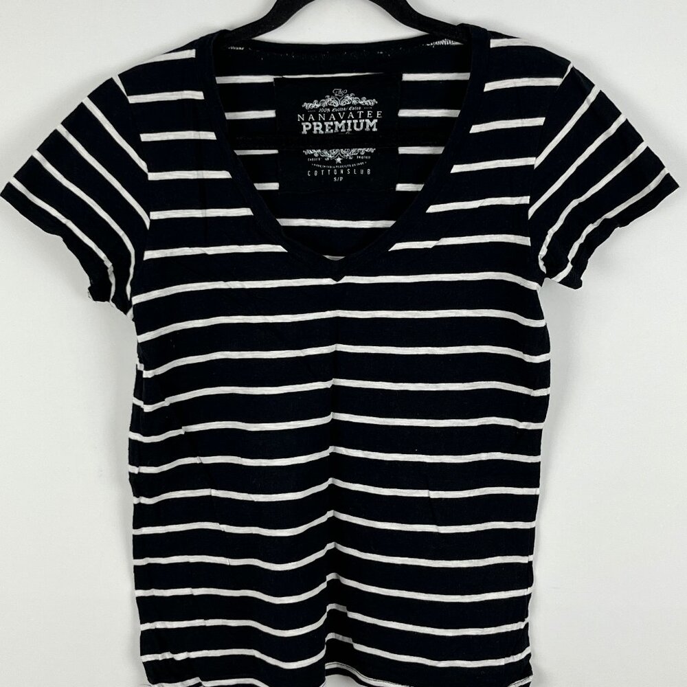 Nanavatee Top T Shirt Size S Black White Striped Short Sleeve V Neck Stretch